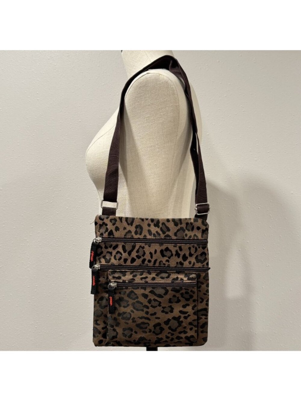 Leopard Print Crossbody Bag Adjustable Strap Multiple Zipper Pockets Purse - Picture 2 of 11